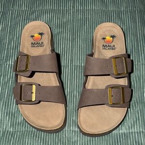 Maui Island Brown Double Buckle Slide Sandals